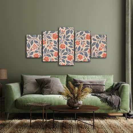 TABLEAU EN 5 PARTIES – MOTIF FLORAL AUX FEUILLES - TABLEAUX DE FLEURS - TABLEAUX