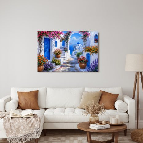 WANDBILD GRIECHISCHE GASSE MIT BLAUER KUPPEL - BILDER VON STÄDTEN - BILDER