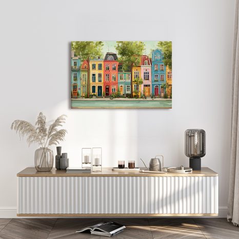 WANDBILD BUNTE HÄUSER MIT ALLEE - BUNTE HÄUSER - BILDER