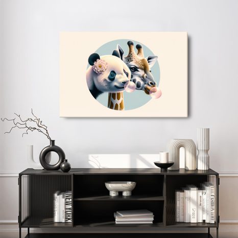 WANDBILD PANDA UND GIRAFFE MIT KAUGUMMIBLASE - KINDERBILDER TIERE - BILDER