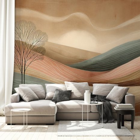 SELBSTKLEBENDE TAPETE ABSTRAKTE LANDSCHAFT IN WARMEN TÖNEN - TAPETEN FELDER UND WIESEN - TAPETEN