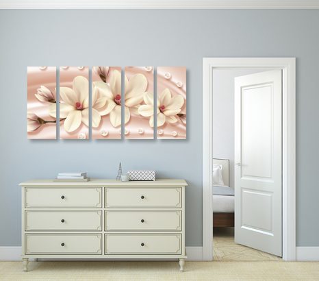 QUADRI 5 PEZZI – MAGNOLIA DI LUSSO CON PERLE - QUADRI DI FIORI - STAMPE E QUADRI