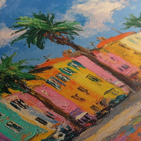 WANDBILD SONNIGE STADT MIT PALMEN - BUNTE HÄUSER - BILDER