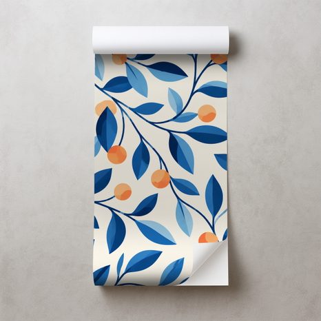 ZELFKLEVEND FOTOBEHANG BLAUWE TAKJES MET ORANJE VRUCHTEN - FOTOBEHANG BLOEMEN - FOTOBEHANG