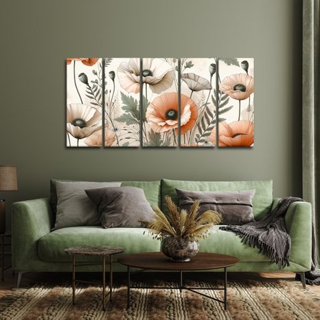 5-TEILIGES WANDBILD ZARTE MOHNBLUMEN - BILDER MOHNBLUME - BILDER