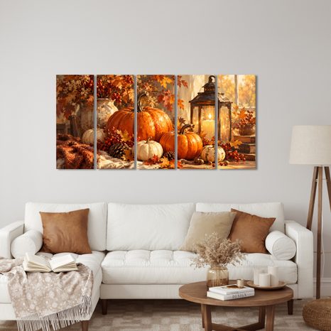 QUADRI 5 PEZZI – NATURA MORTA AUTUNNALE CON ZUCCHE - QUADRI HALLOWEEN E HORROR - STAMPE E QUADRI