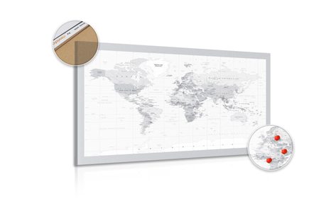 WANDBILD AUF KORK KLASSISCHE SCHWARZ-WEISSE WELTKARTE MIT GRAUEM RAND - WANDBILDER AUF KORK - BILDER