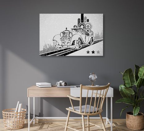 WANDBILD SCHWARZ-WEISSES AUTO MIT VINTAGE-HINTERGRUND - SCHWARZ-WEISSE BILDER - BILDER