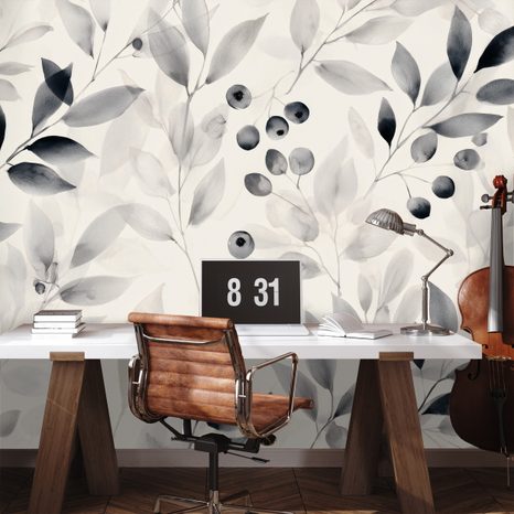 SAMOLEPIACA TAPETA ČIERNOBIELE AKVARELOVÉ LISTY A BOBULE - TAPETY LISTY - TAPETY