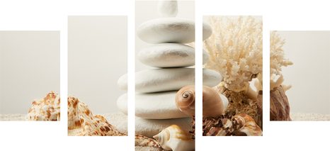 5-TEILIGES WANDBILD ZEN-STEINE MIT MUSCHELN - BILDER MIT FENG SHUI-MOTIVEN - BILDER
