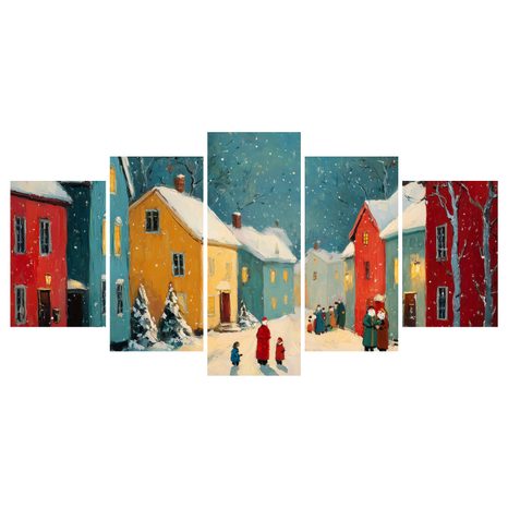 5-DIELNY OBRAZ ZIMNÁ DEDINKA POD SNEHOM - VIANOČNÉ A ZIMNÉ OBRAZY - OBRAZY