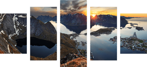 TABLOU 5-PIESE PANORAMA FERMECĂTOARE DE MUNTE CU APUS DE SOARE - TABLOU NATURĂ ȘI PEISAJE NATURALE - TABLOURI