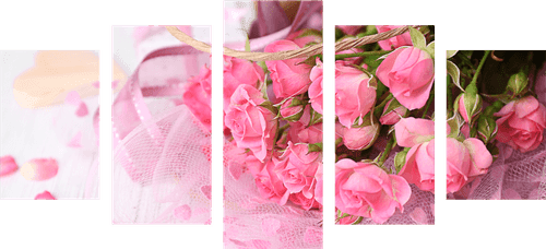 QUADRO IN 5 PARTI BOUQUET ROMANTICO DI ROSE ROSA - QUADRI DI NATURE MORTE - QUADRI