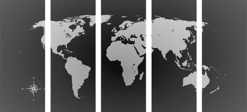 QUADRO IN 5 PARTI MAPPA DEL MONDO IN SFUMATURE GRIGIE - QUADRI MAPPE - QUADRI