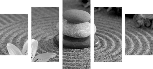 5-PIECE CANVAS PRINT ZEN GARDEN AND STONES IN THE SAND IN BLACK AND WHITE - BLACK AND WHITE PICTURES - PICTURES