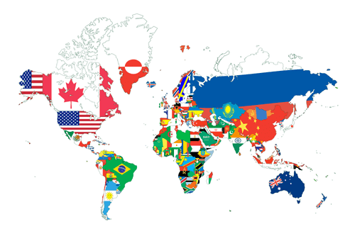 DECORATIVE PINBOARD WORLD MAP WITH FLAGS ON A WHITE BACKGROUND - PICTURES ON CORK - PICTURES