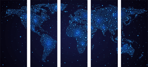 5-CZĘŚCIOWY OBRAZ MAPA ŚWIATA Z NOCNYM NIEBEM - OBRAZY MAPY - OBRAZY