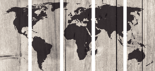 QUADRO IN 5 PARTI MAPPA SU SFONDO IN LEGNO - QUADRI MAPPE - QUADRI