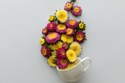 WANDBILD TASSE VOLL VON BLUMEN - BILDER BLUMEN - BILDER