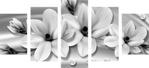 5-TEILIGES WANDBILD LUXURIÖSE MAGNOLIE MIT PERLEN IN SCHWARZ-WEISS - SCHWARZ-WEISSE BILDER - BILDER