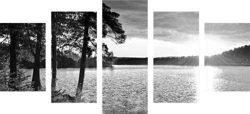 5-PIECE CANVAS PRINT SUNSET OVER THE LAKE IN BLACK AND WHITE - BLACK AND WHITE PICTURES - PICTURES