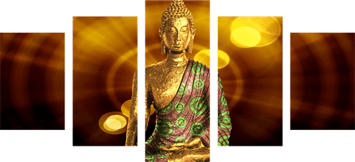 TABLEAU EN 5 PARTIES – STATUE DE BOUDDHA SUR FOND ABSTRAIT - TABLEAUX FENG SHUI - TABLEAUX