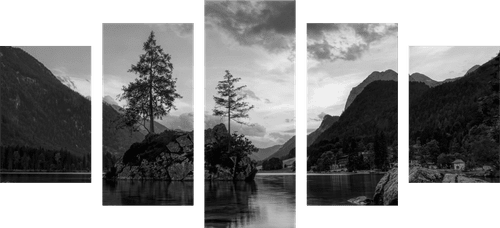 5-PIECE CANVAS PRINT BLACK AND WHITE MOUNTAIN LANDSCAPE BY THE LAKE - BLACK AND WHITE PICTURES - PICTURES