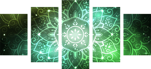 5-PIECE CANVAS PRINT MANDALA WITH A GALACTIC BACKGROUND IN SHADES OF GREEN - PICTURES FENG SHUI - PICTURES