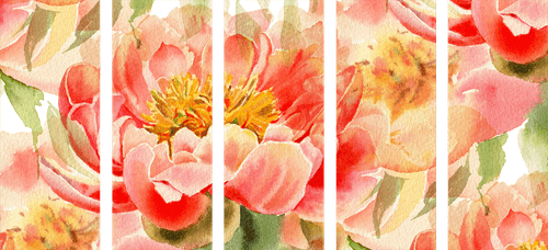 QUADRO IN 5 PARTI DI PEONIA ROSSA - QUADRI DI FIORI - QUADRI