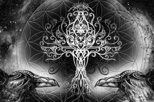 CANVAS PRINT RAVENS AND THE TREE OF LIFE IN BLACK AND WHITE - BLACK AND WHITE PICTURES - PICTURES