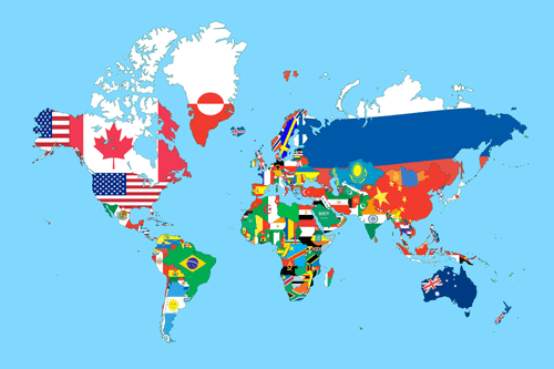 DECORATIVE PINBOARD WORLD MAP WITH FLAGS - PICTURES ON CORK - PICTURES