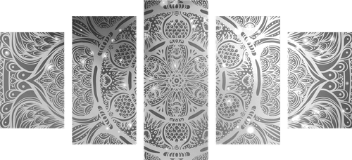 QUADRO IN 5 PARTI MANDALA INDIANO SU SFONDO GALATTICO IN BIANCO E NERO - QUADRI BIANCO E NERO - QUADRI