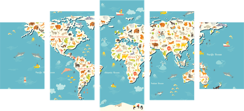 5-DELNA SLIKA OTROŠKI ZEMLJEVID Z ŽIVALMI - OTROŠKE SLIKE - SLIKE