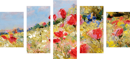 5-PIECE CANVAS PRINT PAINTED POPPIES IN A MEADOW - PICTURES OF NATURE AND LANDSCAPE - PICTURES