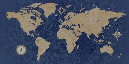 OBRAZ MAPA SVĚTA S KOMPASEM V RETRO STYLU NA MODRÉM POZADÍ - OBRAZY MAPY - OBRAZY