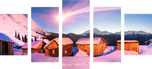TABLEAU EN 5 PARTIES – VILLAGE DE MONTAGNE ENNEIGÉ - TABLEAUX DE LA NATURE ET DES PAYSAGES - TABLEAUX