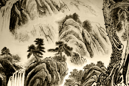 WANDBILD CHINESISCHE LANDSCHAFTSMALEREI IN SEPIA - SCHWARZ-WEISSE BILDER - BILDER