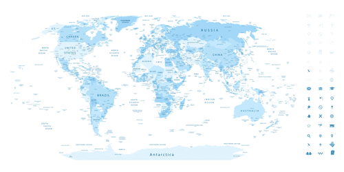 DECORATIVE PINBOARD DETAILED MAP OF THE WORLD IN BLUE - PICTURES ON CORK - PICTURES