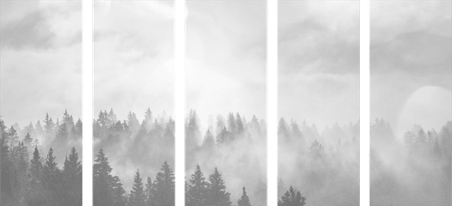 QUADRO IN 5 PARTI NEBBIA SULLA FORESTA IN BIANCO E NERO - QUADRI BIANCO E NERO - QUADRI