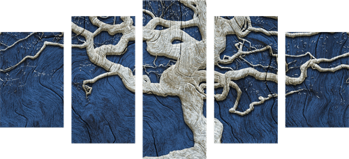 5-PIECE CANVAS PRINT ABSTRACT TREE ON WOOD WITH A BLUE CONTRAST - PICTURES OF TREES AND LEAVES - PICTURES