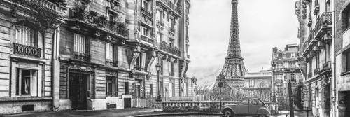 CANVAS PRINT VIEW OF THE EIFFEL TOWER FROM A STREET IN PARIS IN BLACK AND WHITE - BLACK AND WHITE PICTURES - PICTURES