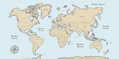 OBRAZ BÉŽOVÁ MAPA SVĚTA NA MODRÉM POZADÍ - OBRAZY MAPY - OBRAZY