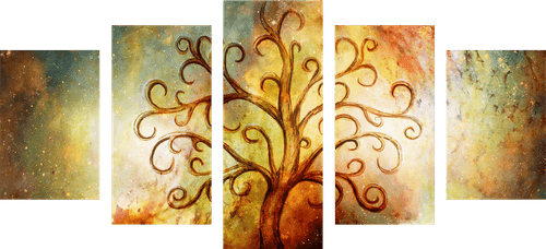 TABLEAU EN 5 PARTIES – ARBRE DE VIE AVEC ABSTRACTION COSMIQUE - PEINTURES ABSTRAITES - TABLEAUX