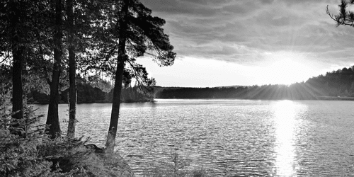 WANDBILD SONNENUNTERGANG ÜBER DEM SEE IN SCHWARZ-WEISS - SCHWARZ-WEISSE BILDER - BILDER