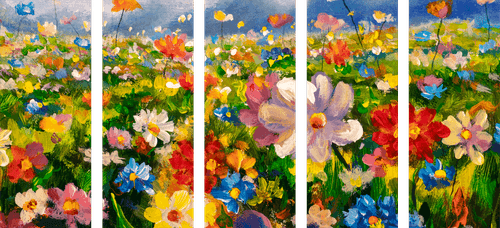 QUADRO IN 5 PARTI PITTURA AD OLIO DI FIORI DI CAMPO - QUADRI DI FIORI - QUADRI