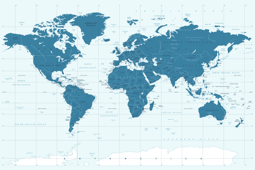 DECORATIVE PINBOARD POLITICAL MAP OF THE WORLD IN BLUE - PICTURES ON CORK - PICTURES