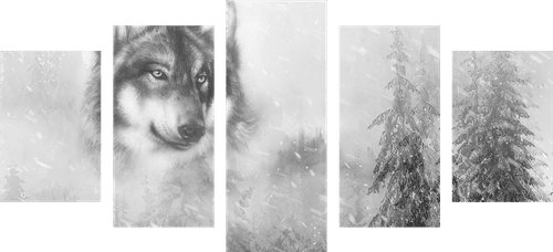 5-TEILIGES WANDBILD WOLF IN VERSCHNEITER LANDSCHAFT IN SCHWARZ-WEISS - SCHWARZ-WEISSE BILDER - BILDER