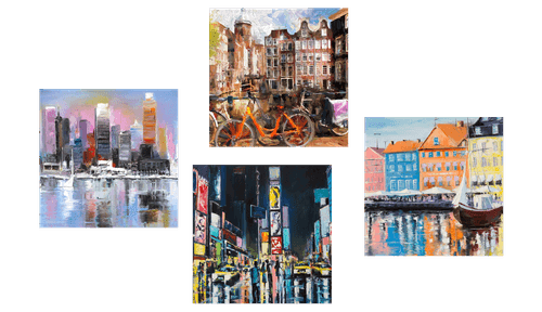 CANVAS PRINT SET CITIES WITH OIL PAINTING IMITATION - SET OF PICTURES - PICTURES