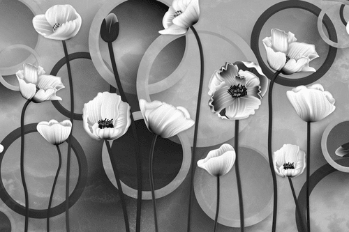 CANVAS PRINT POPPIES ON AN ABSTRACT BACKGROUND IN BLACK AND WHITE - BLACK AND WHITE PICTURES - PICTURES