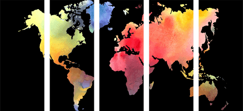 5-DÍLNÝ OBRAZ MAPA SVĚTA V AKVARELOVÝ PROVEDENÍ NA ČERNÉM POZADÍ - OBRAZY MAPY - OBRAZY